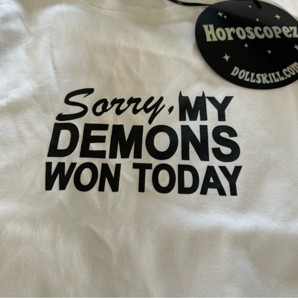 Horoscopez (G) My Demons Won Today Cropped Baby Tee Sz 3X White Black Opaque NWT